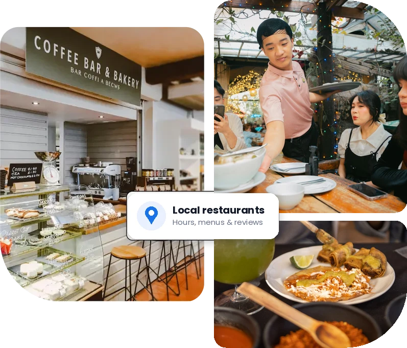 A coffee bar and bakery counter, friends being served on a restaurant patio, and a plate of tacos